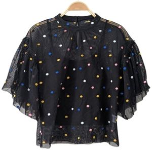 Vero Alfie Womens Blusa Bersuit Polka Dot Mesh Blouse Size Large Black